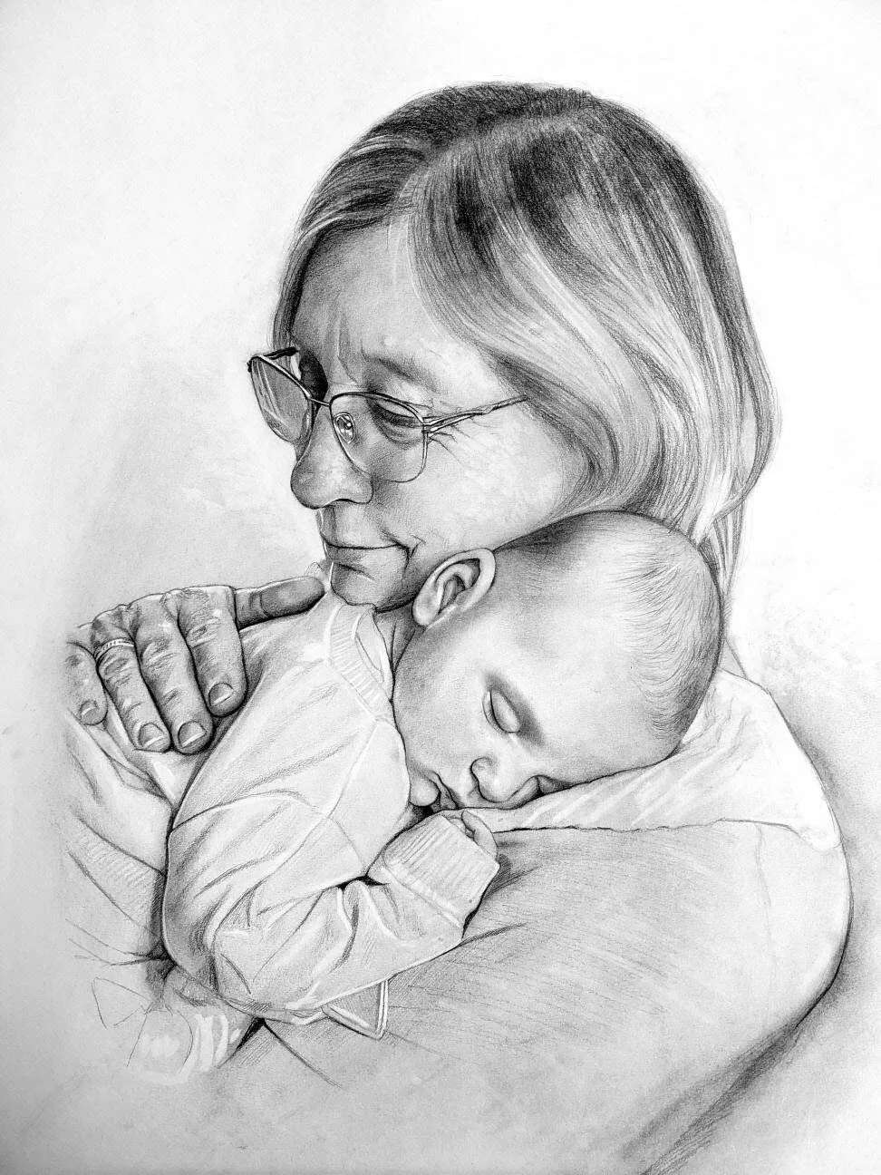 Personalized Photo Painting - Black Pencil - Grandparent and Grandchild